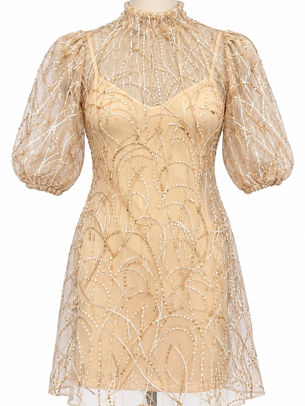 Zara Champagne Beaded Puff-Sleeve Mini Dress